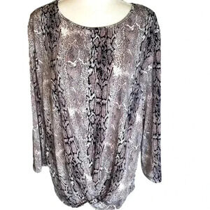 CURE Pullover Top With Faux Front Tie Animal Print Long Sleeves Size XL